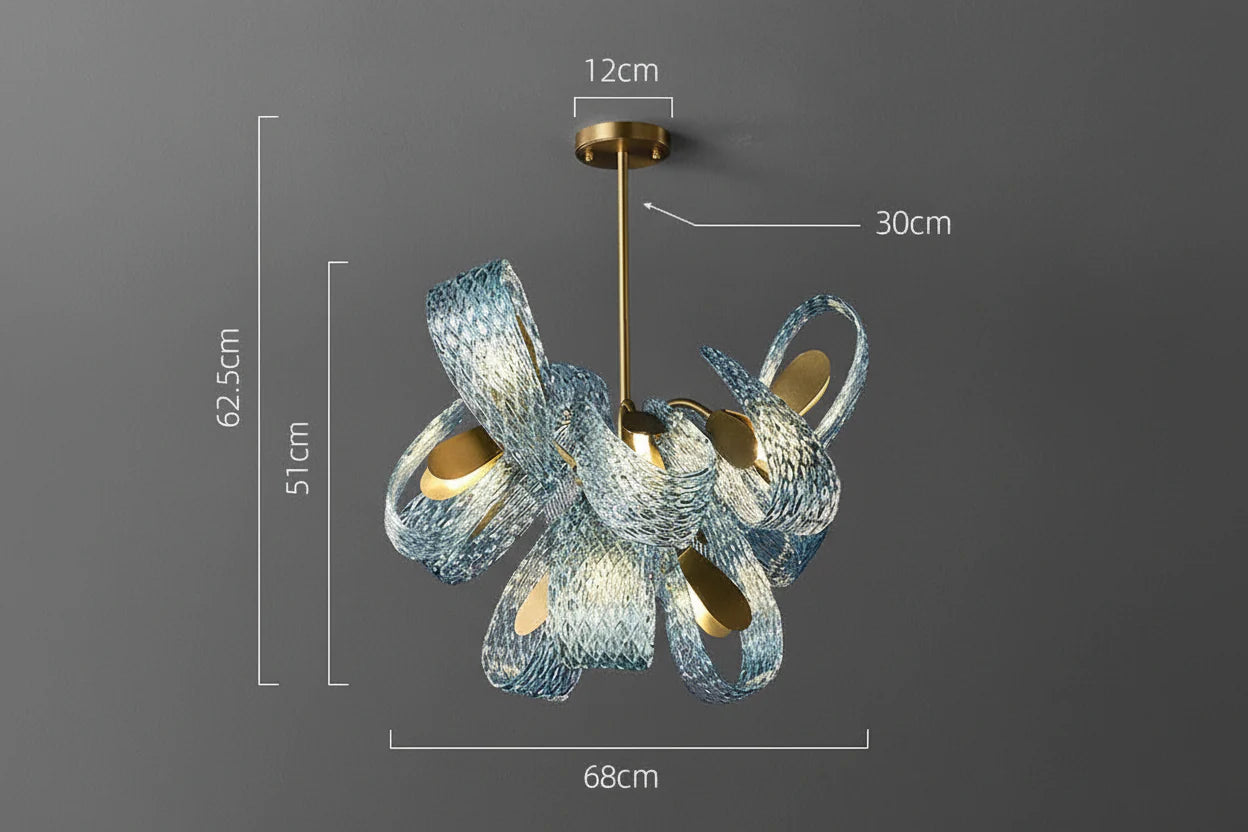 Blue Glass Chandelier 85cm | Hand-formed Ribbon Statement Light Brushed Gold Foyer Dining & Stairwell Casalolalights