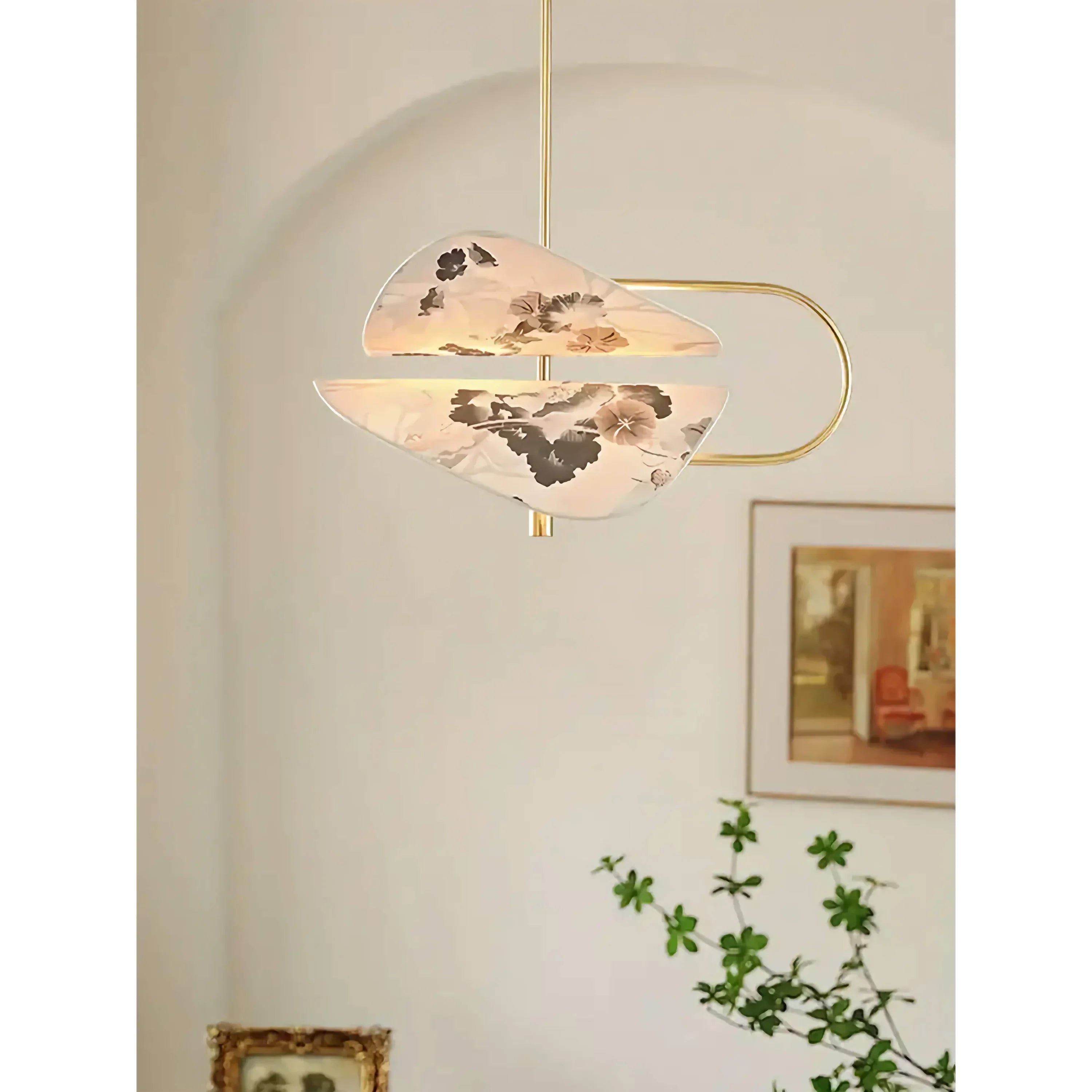 Modern Brass Pendant Light | Italian Akira Leaf Panels Hand Painted Floral | Luxury Dimmable Dining Fixture