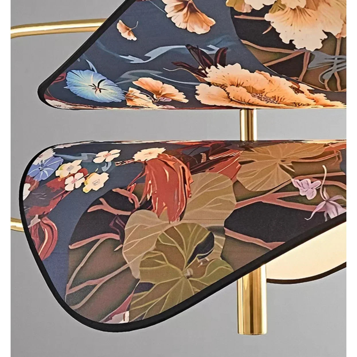 Modern Brass Pendant Light | Italian Akira Leaf Panels Hand Painted Floral | Luxury Dimmable Dining Fixture