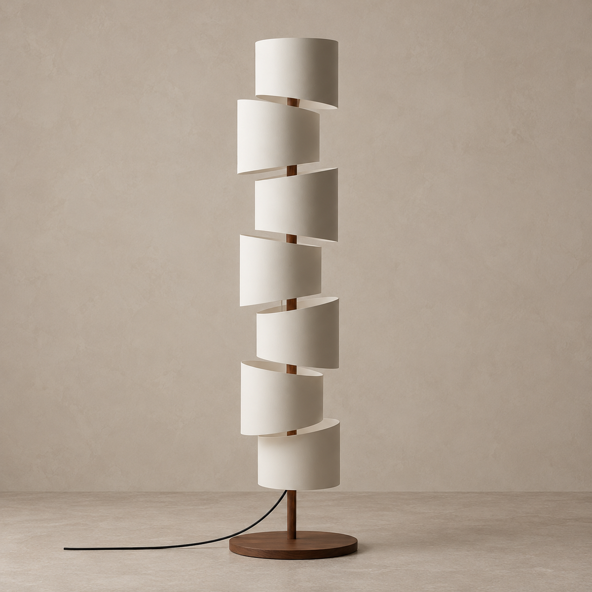 Branzi CL7895 floor lamp with seven curved cream shades and a round wood base, switched off