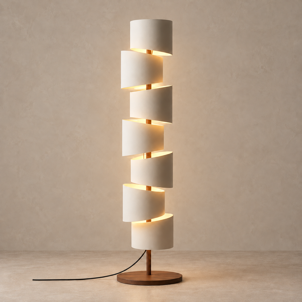 Branzi CL7895 floor lamp illuminated with warm-white light between its stacked shades