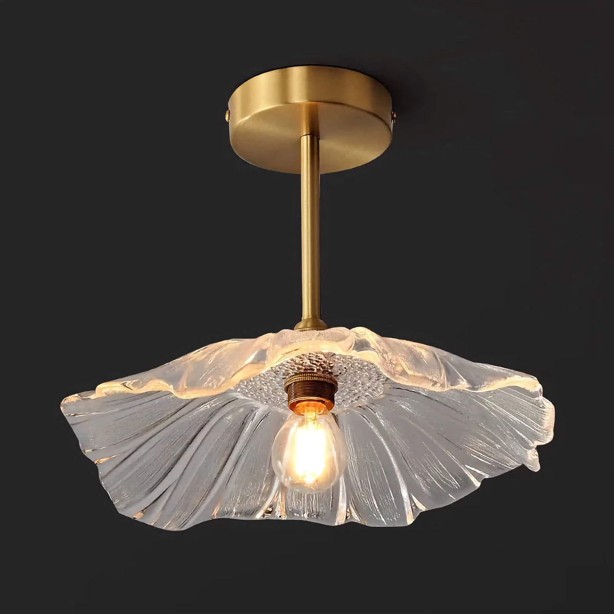 Glass Flower Semi Flush Mount Ceiling Light for Bedroom or Hallway | Brass 12 Inch Hand Formed Shade Casalola Lights