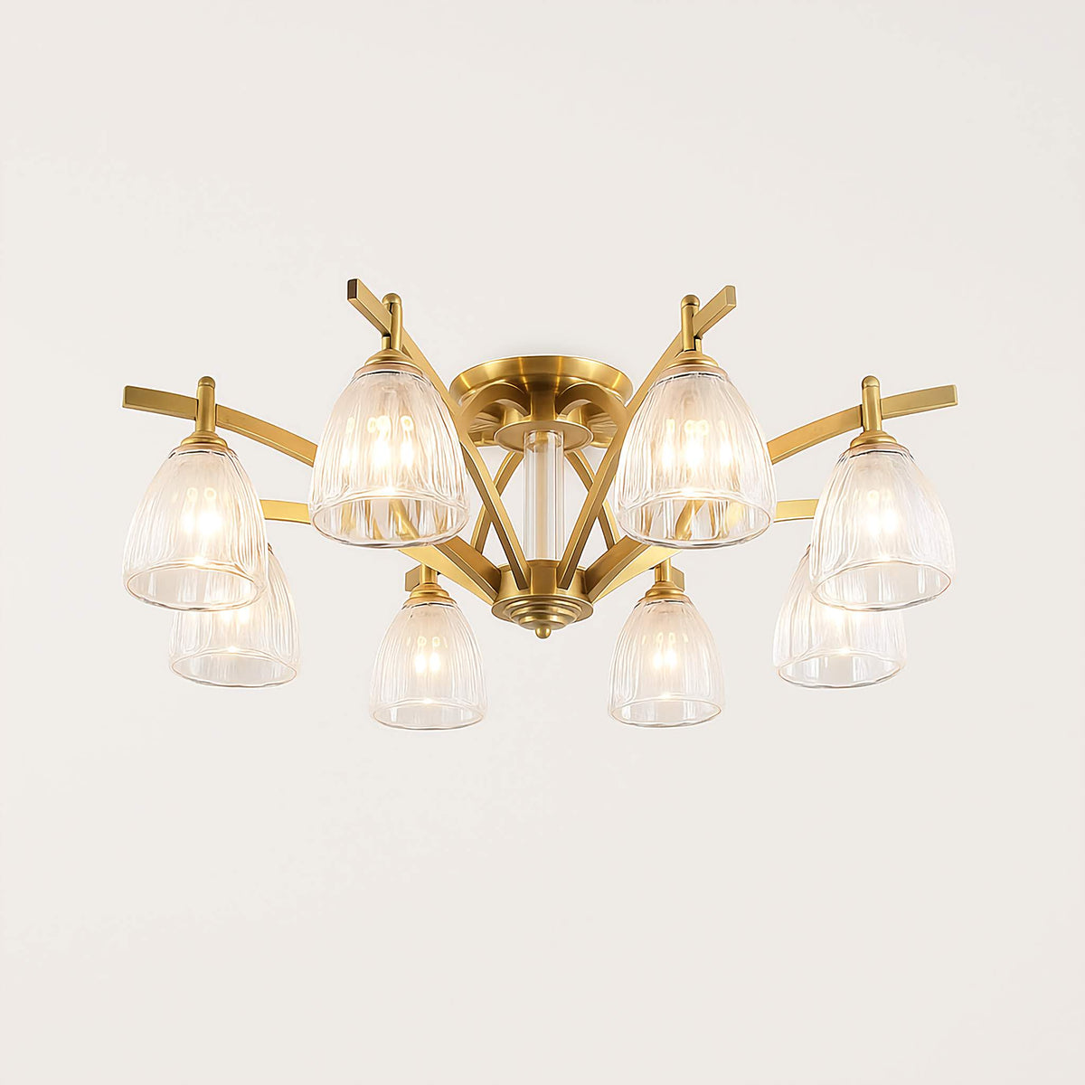 Fluted Glass Semi Flush Mount Ceiling Light for Living Room | Solid Brass 24 to 39 Inch 3 10 Lights Casalola Luxury