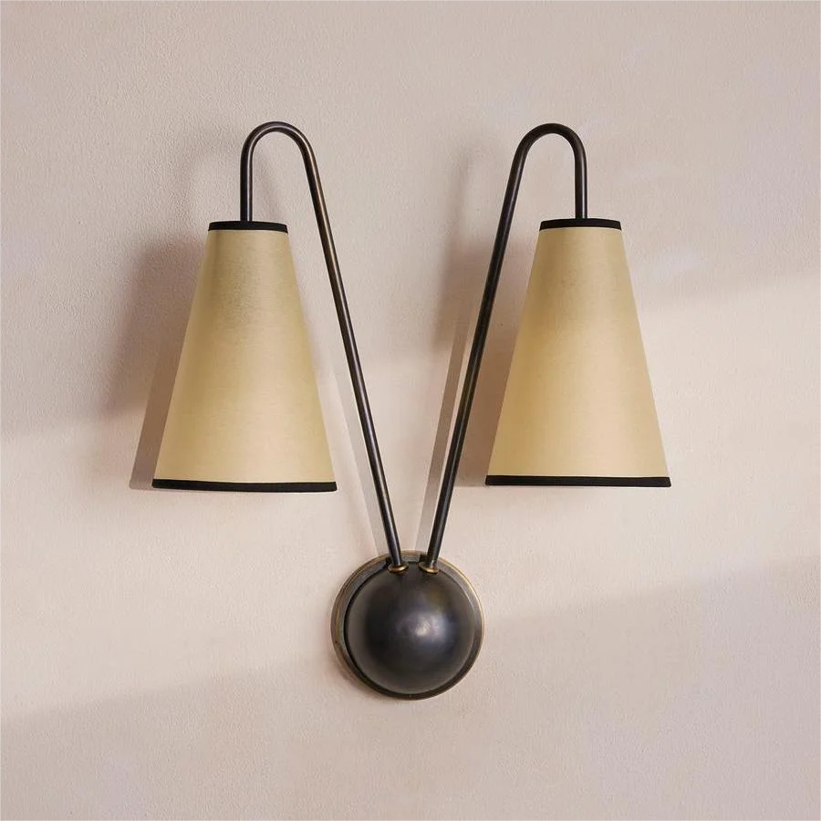 2 Light Brass Double Arm Wall Sconce with Fabric Cone Shades – Hardwired Bedside & Hallway Casalolalights Luxury Lamps