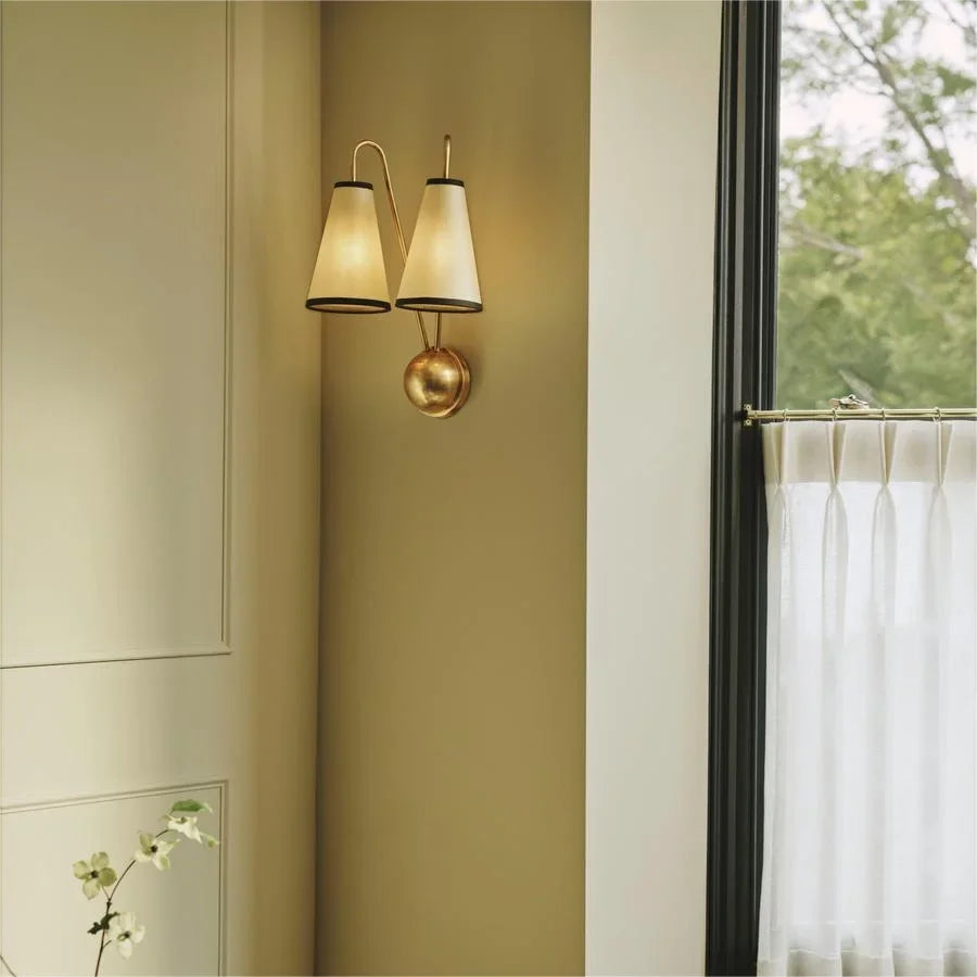 2 Light Brass Double Arm Wall Sconce with Fabric Cone Shades – Hardwired Bedside & Hallway Casalolalights Luxury Lamps