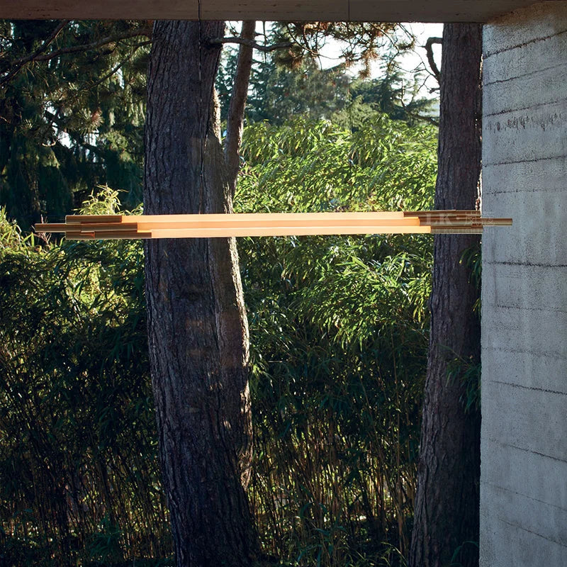 Sculptural Brass & Wood Linear Pendant – Modern Minimalist Lighting