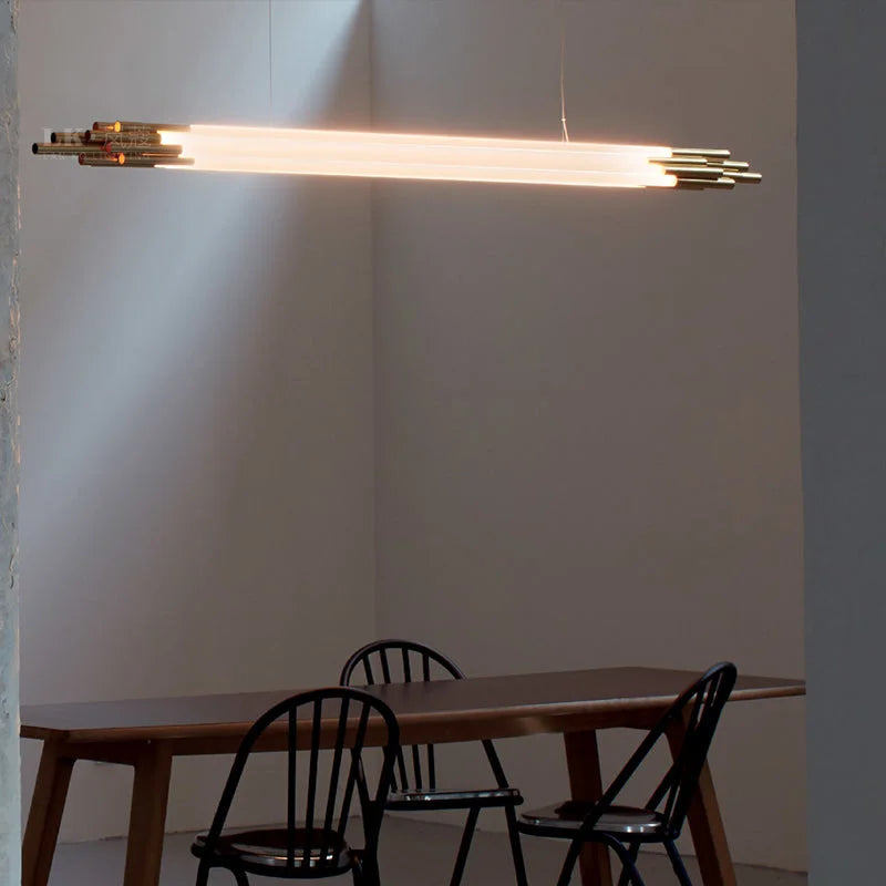 Sculptural Brass & Wood Linear Pendant – Modern Minimalist Lighting