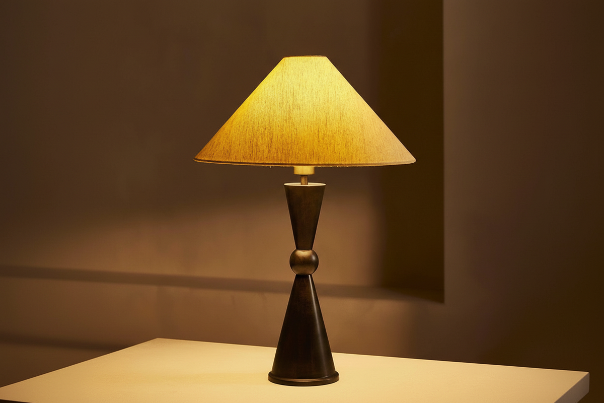 Bronze Table Lamp for Bedroom and Living Room | Geometric Base Linen Shade Art Deco Dimmable Option Casalola Lights