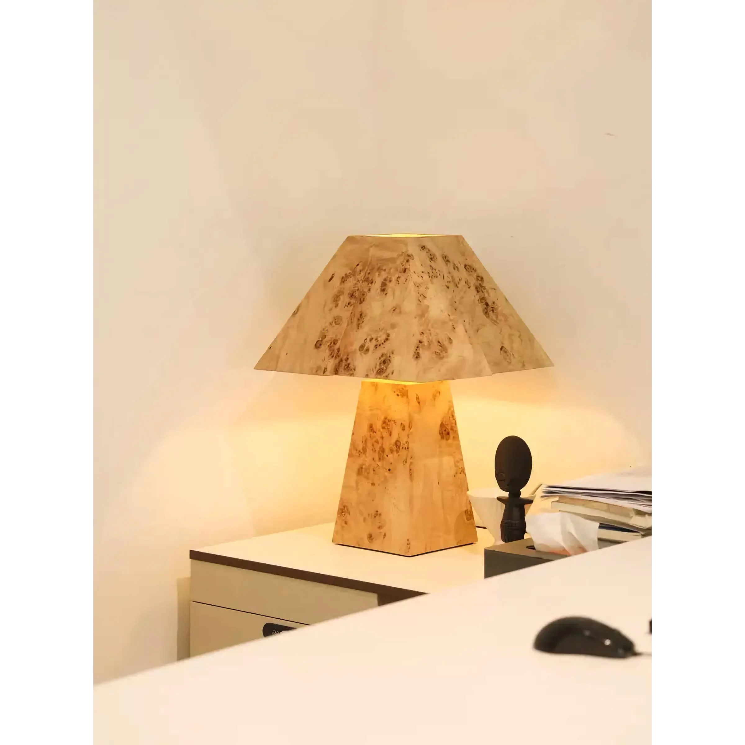 Burl Wood Table Lamp | Geometric Sculptural Veneer Lighting