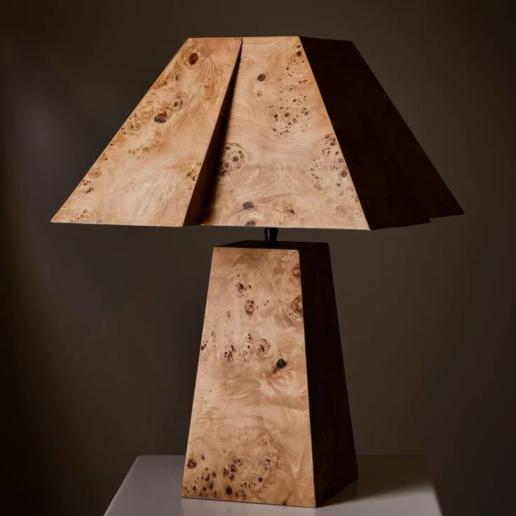 Burl Wood Table Lamp for Bedroom and Living Room | Faceted Base Angular Shade Rustic Dimmable Option Casalola Lights