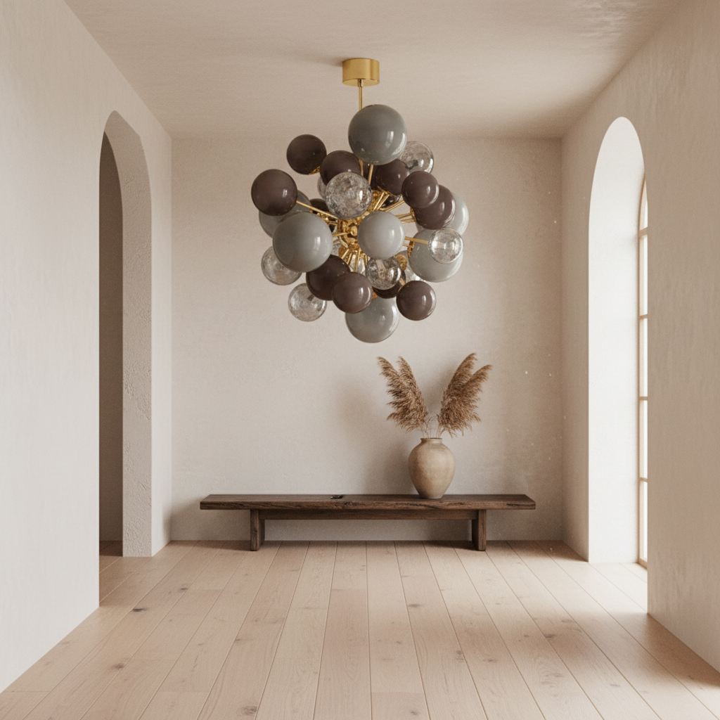 Grey glass globe chandelier full view