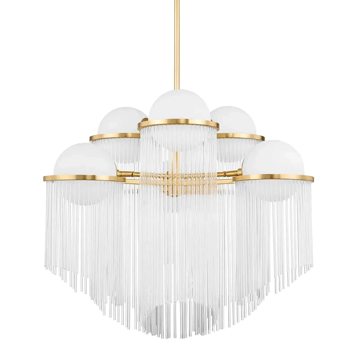 Crystal Chandelier for Dining Room Brass | Cascading Rods and Opal Globes 31.5 Inch 6 Light Casalola Lights Luxury