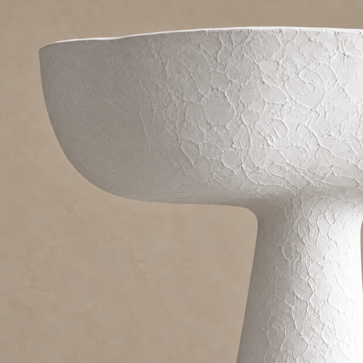 Close view of Cassia CLBBGT027’s hand-worked white plaster basin and rounded neck transition.