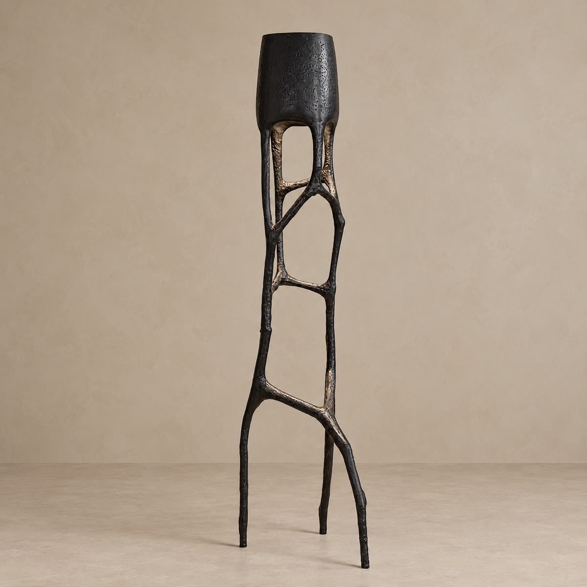 CL002 dark fiberglass floor lamp with branching frame, switched off.