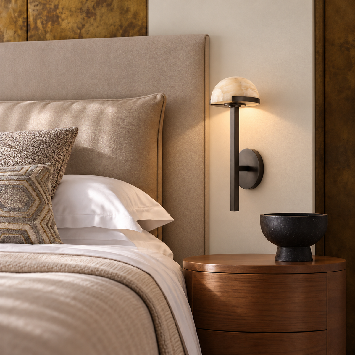 Alabaster half-dome sconce mounted on the wall beside an upholstered bed.
