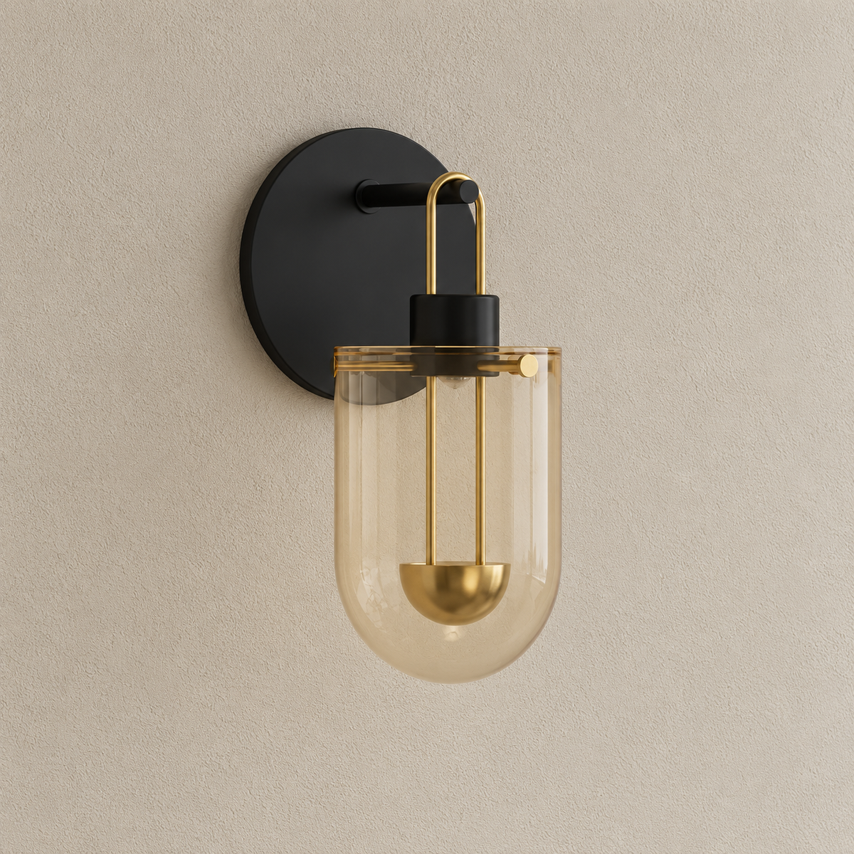Amber glass wall sconce with black backplate and brass loop, switched off.