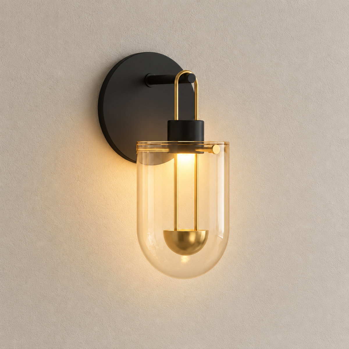 Amber glass wall sconce illuminated on a beige wall.