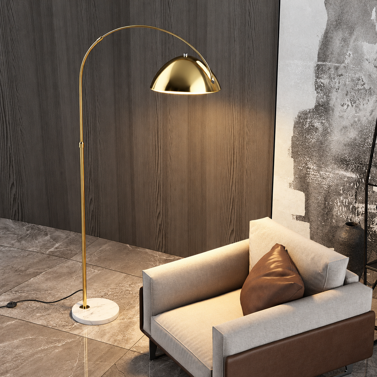 Gold CL55124 arc floor lamp beside an upholstered armchair in a wood-panelled room.