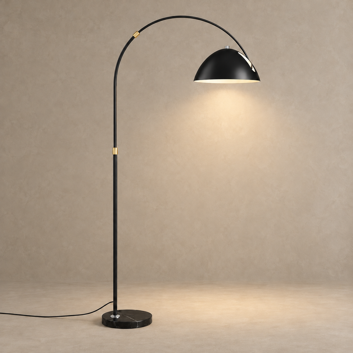 Black CL55124 arc floor lamp illuminated against a stone beige background.