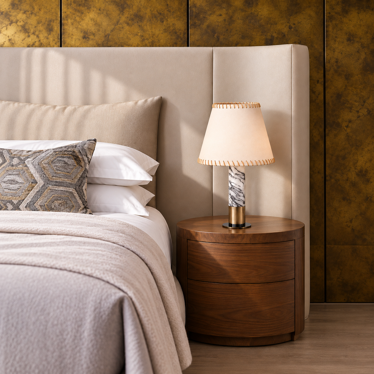 Short parchment and marble table lamp on a walnut bedside table