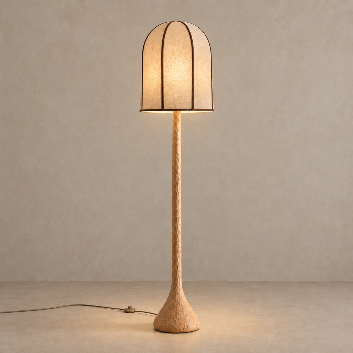 CL70ZZ Bell floor lamp illuminated, with light filtering through the linen panels.