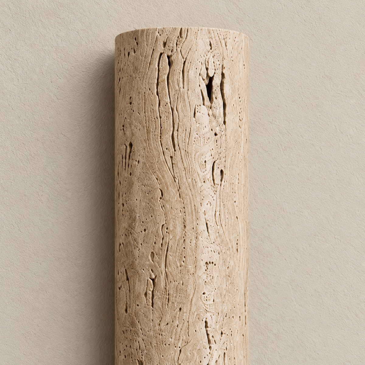 Close view of natural travertine pores and the curved stone surface.