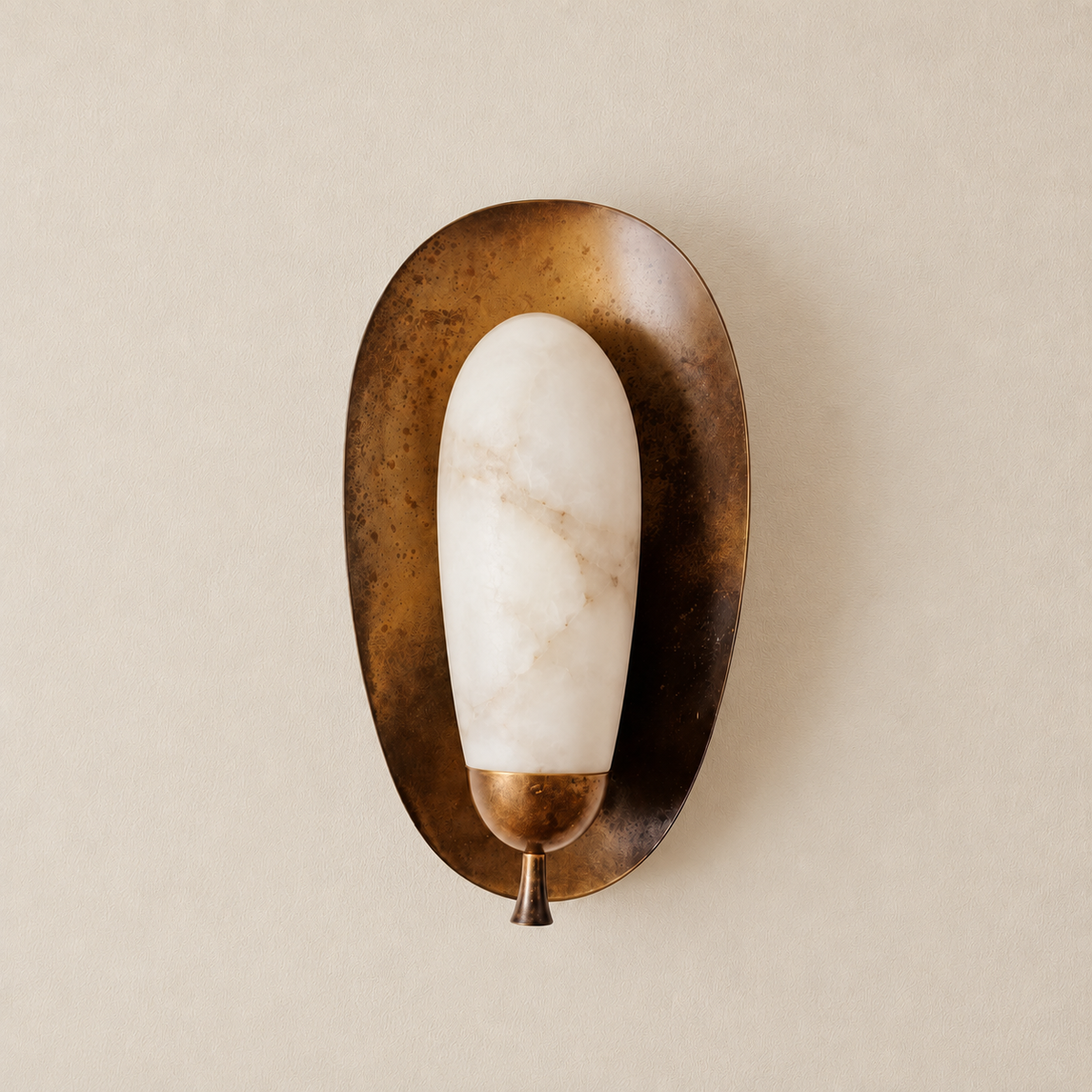 Unlit CLASYH87 alabaster wall sconce with aged brass oval backplate on warm ivory.