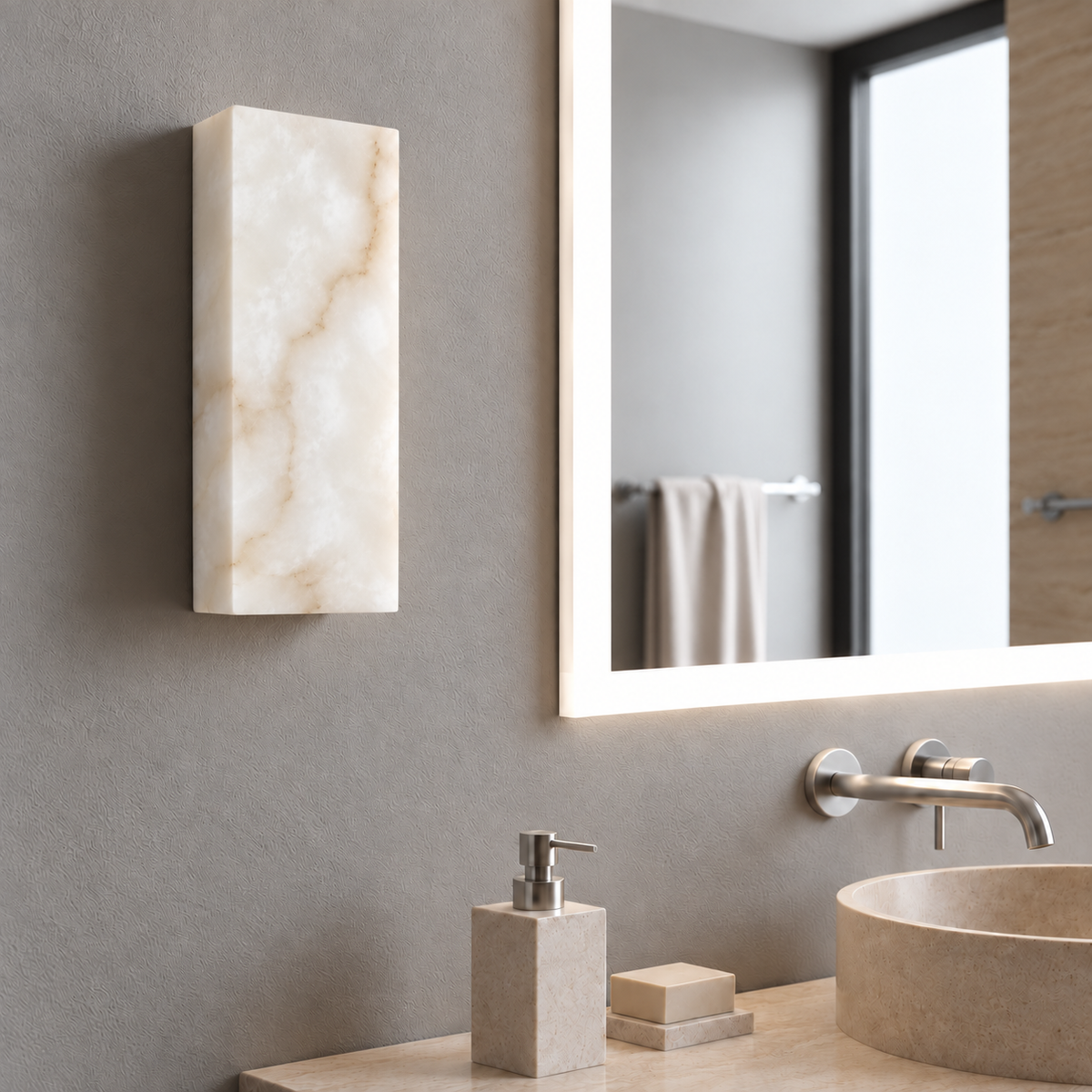 CLAW025 alabaster wall lamp mounted beside a bathroom mirror above a stone basin.