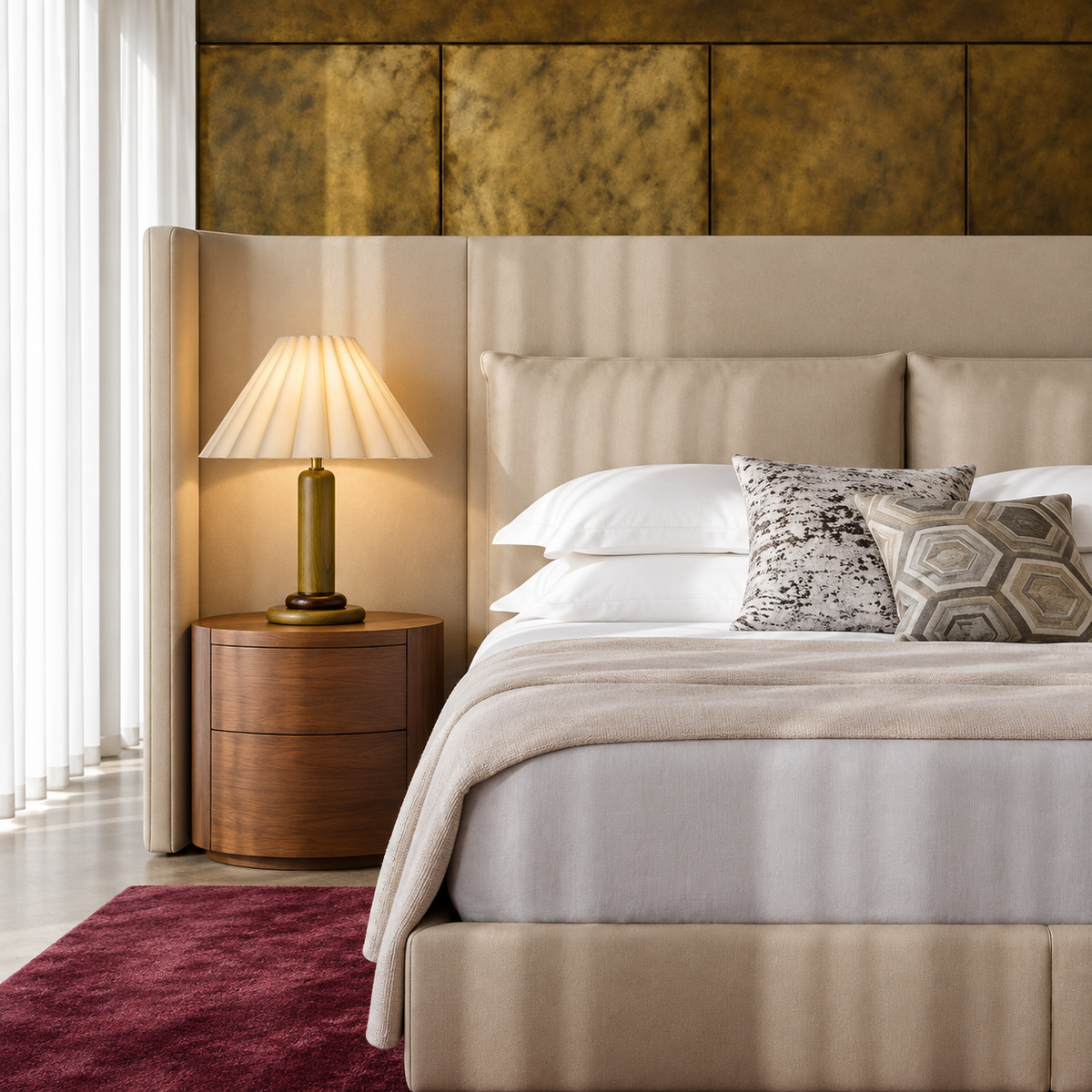 Pleated-shade wood table lamp on a walnut bedside table
