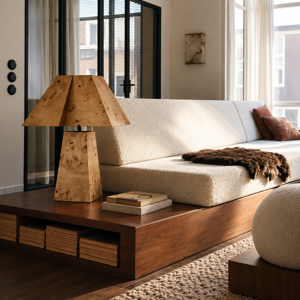 Burl wood table lamp on a walnut platform beside a cream sofa.