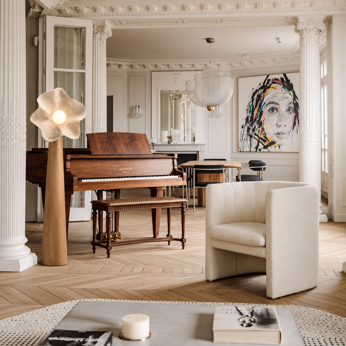 Large Petal floor lamp beside a piano in a daylight Parisian living room.