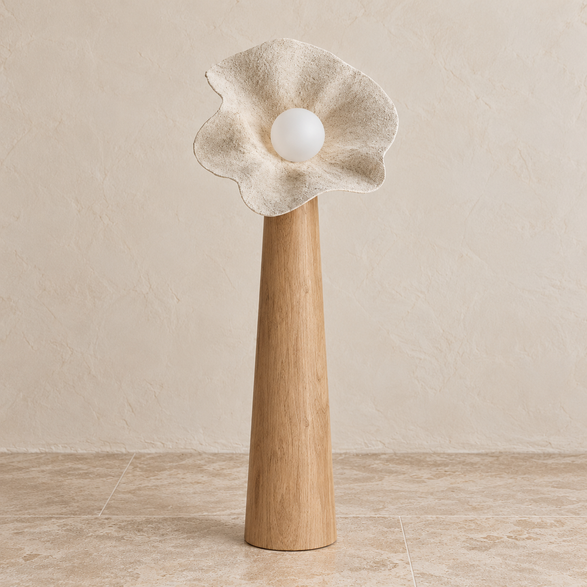 Medium 90 cm Petal lamp with a textured resin shade and tapered wood column.