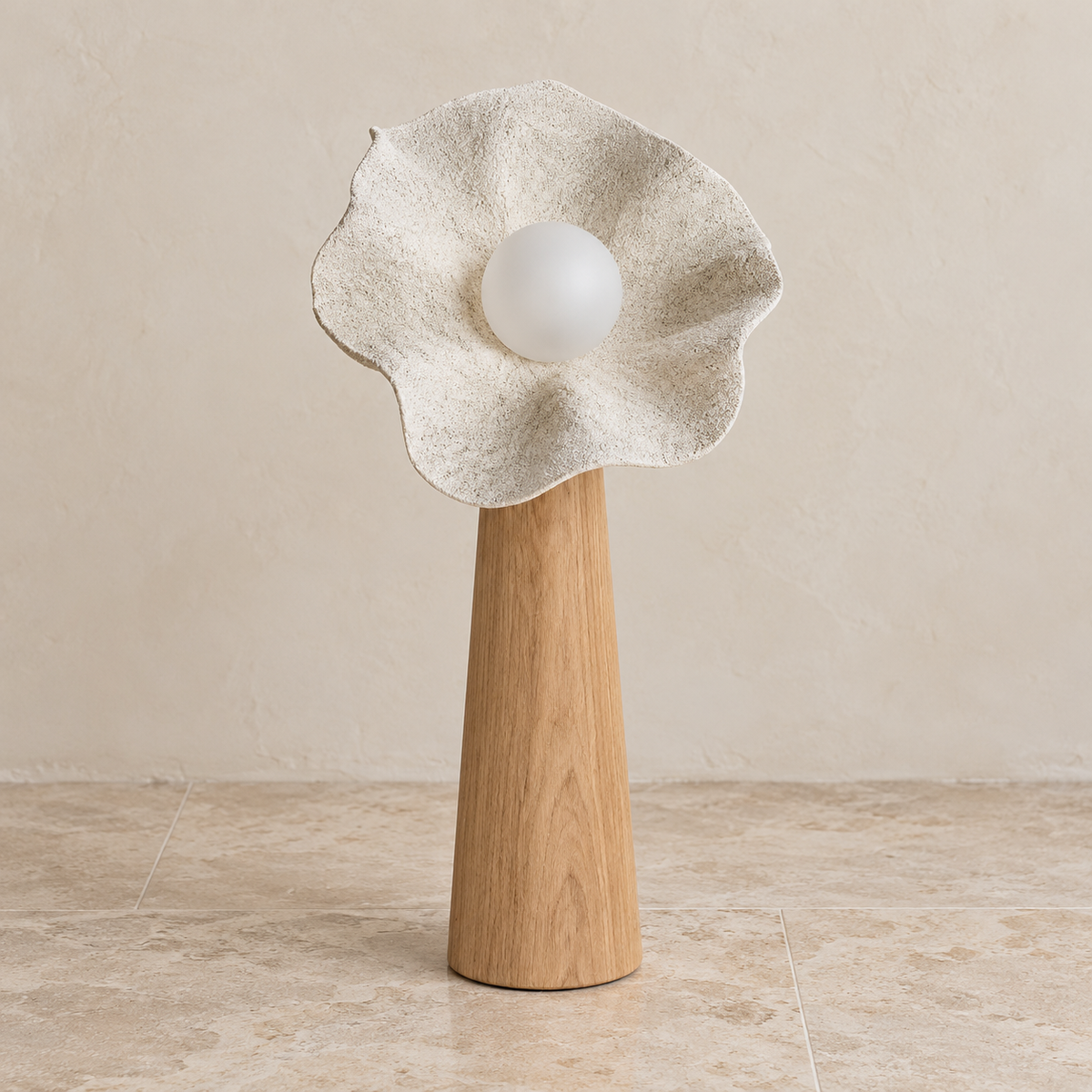 Small 60 cm Petal lamp with a textured resin shade and natural wood column.
