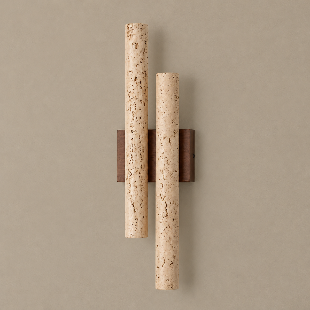 Double travertine and walnut wall sconce, unlit on a stone-beige wall