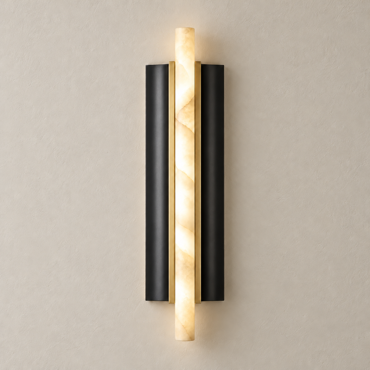 Illuminated alabaster tube showing its cloudy mineral pattern.