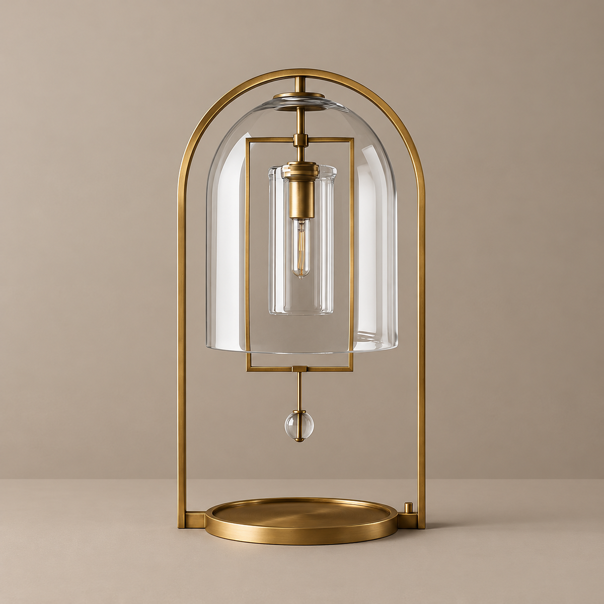 Unlit clear glass dome lamp within an arched brass frame.