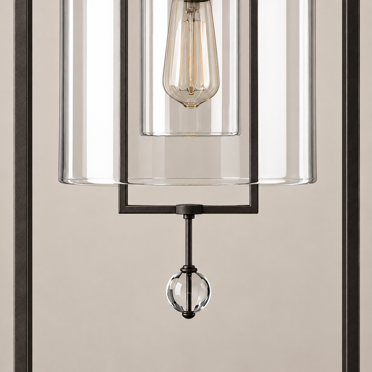 Detail of the glass shades, black frame and hanging crystal