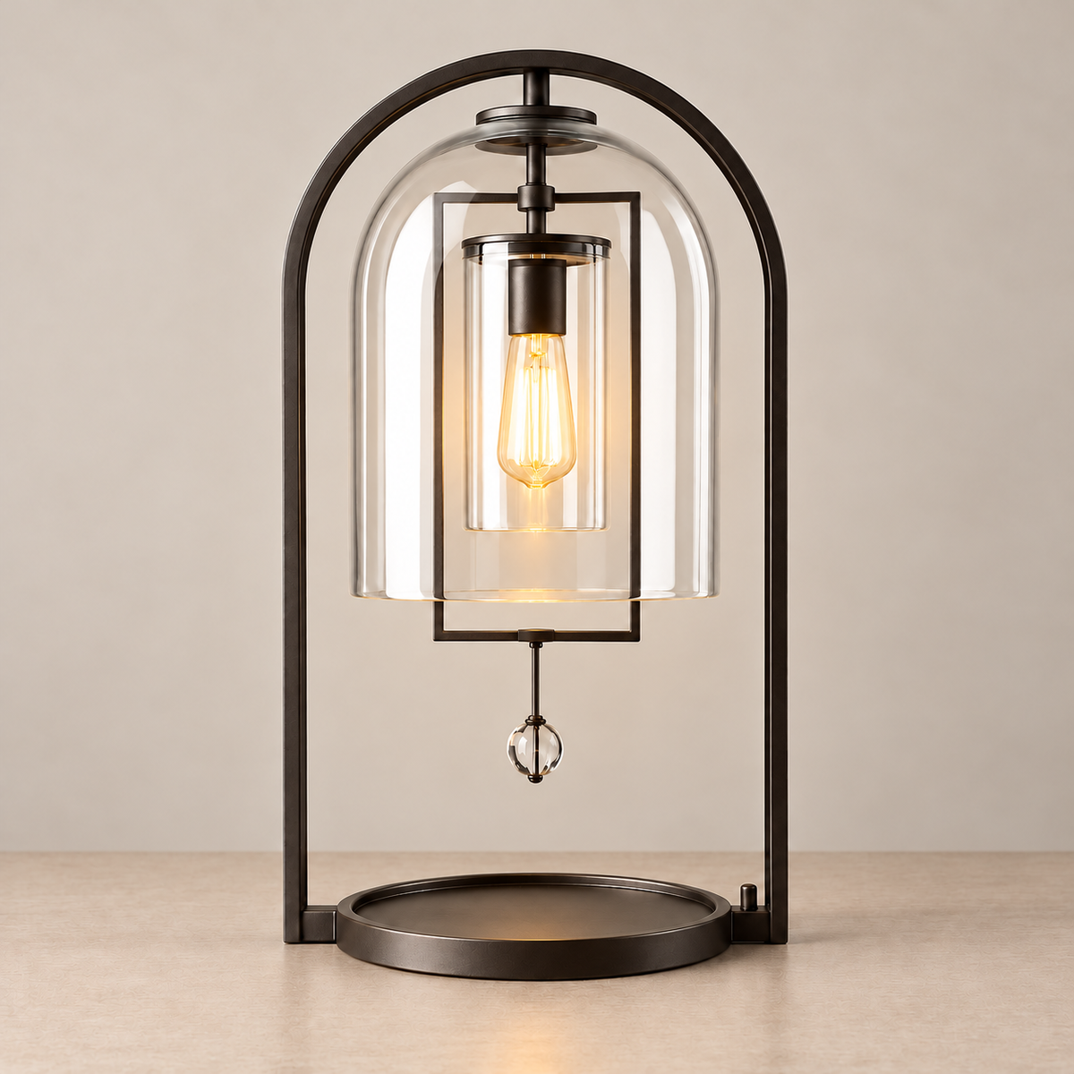 Black glass dome table lamp illuminated