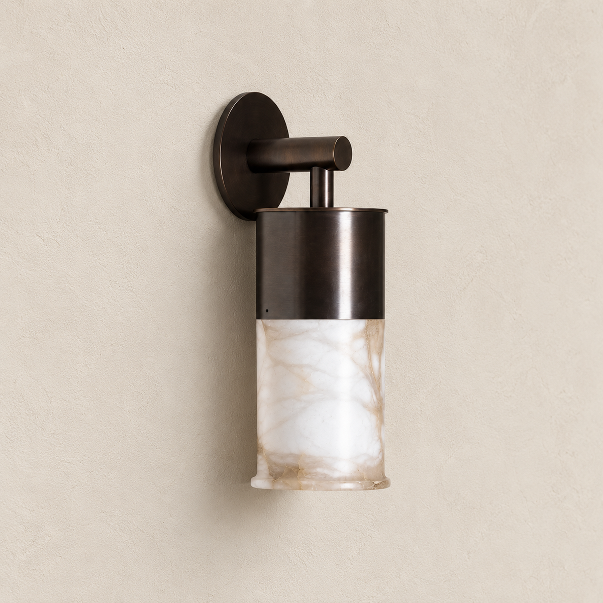 Side view of the alabaster cylinder wall sconce, showing its wall mounting and projection.