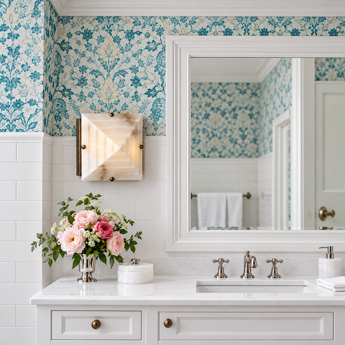 Square alabaster sconce installed beside a bathroom mirror.