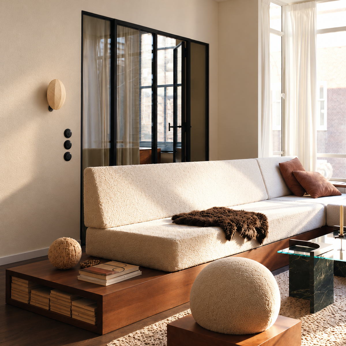 Oak disc wall sconce installed beside a cream sofa and black-framed glass doors.