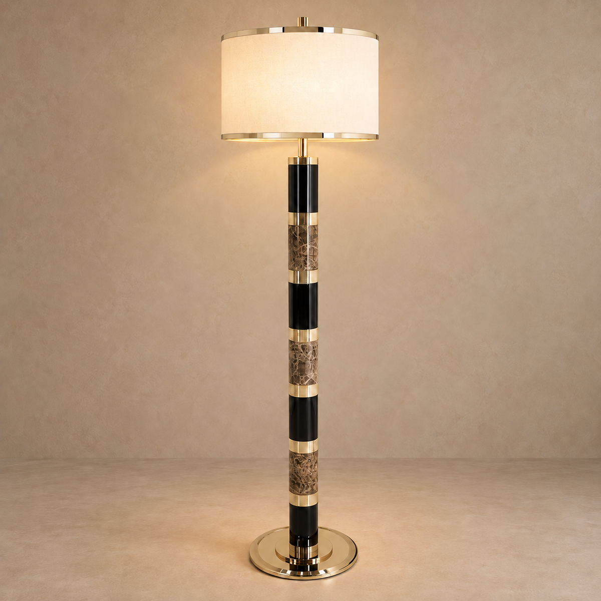 Striped marble and brass floor lamp illuminated in the same studio view.