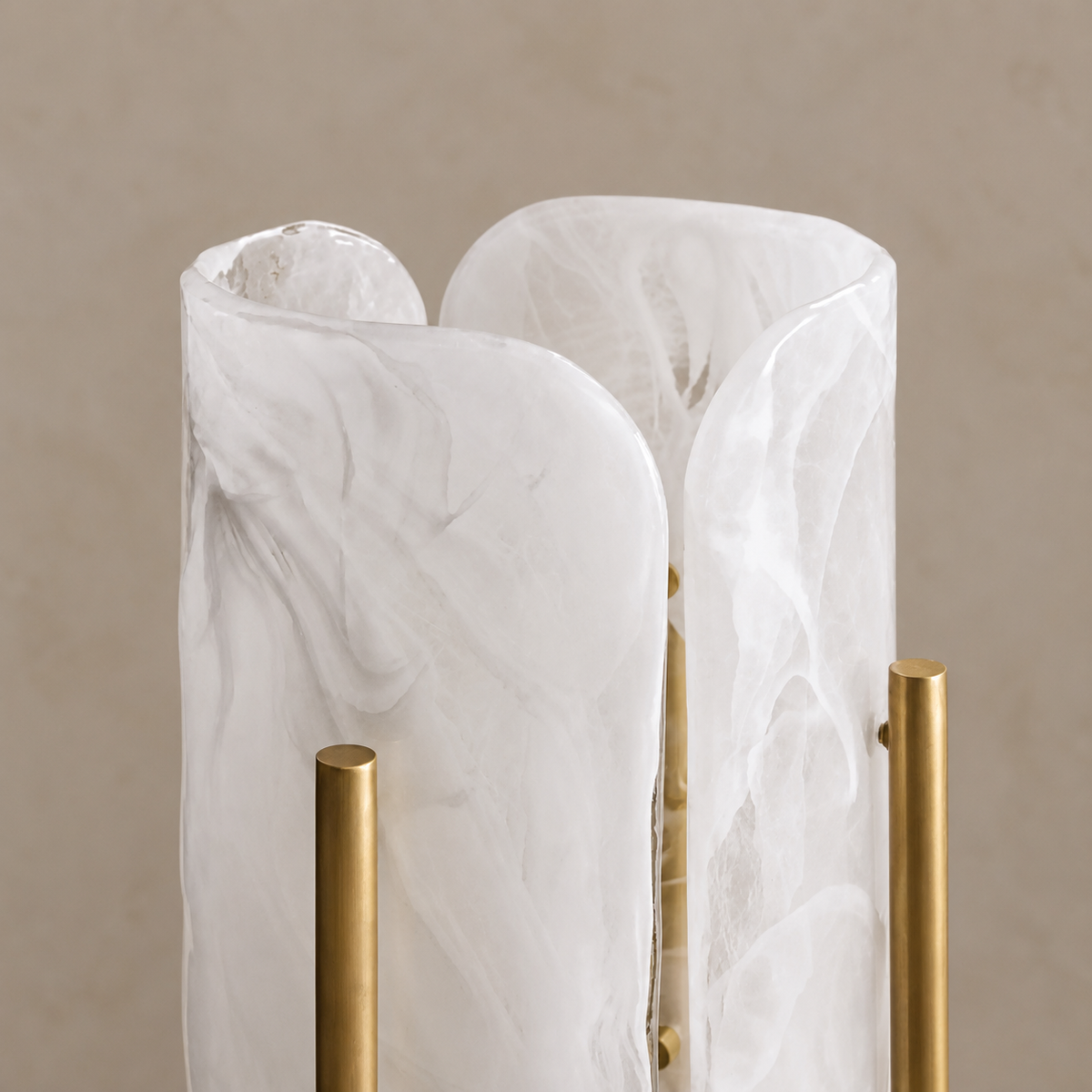 Close view of CLKPS0294’s open curved stone shade panels and brass attachment fittings.
