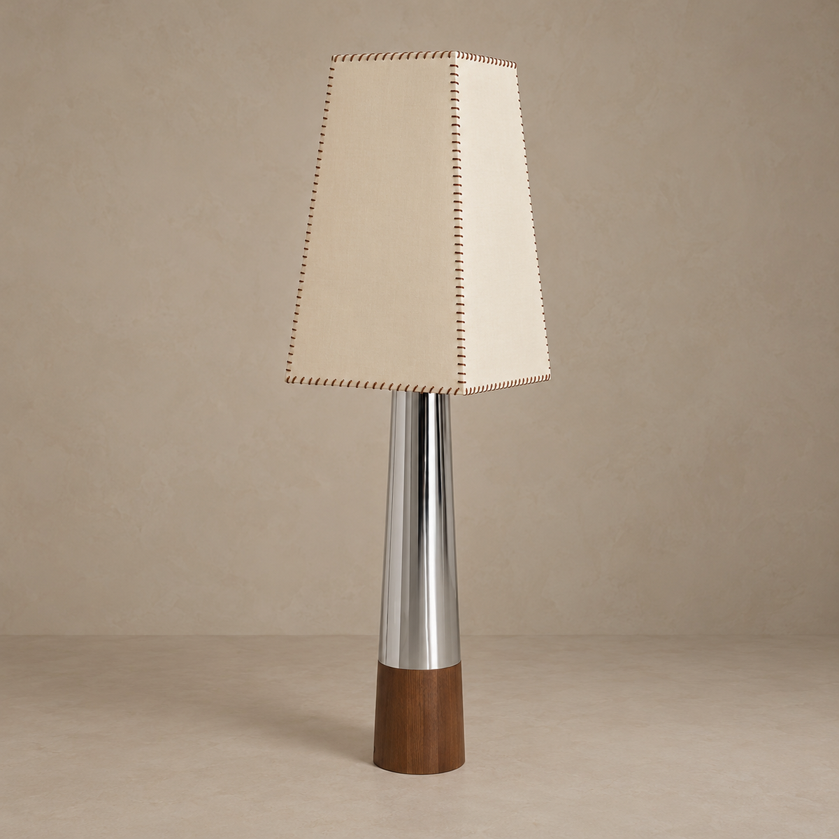 CLKPUO15 floor lamp switched off, with a stitched ivory shade, chrome column and walnut base.
