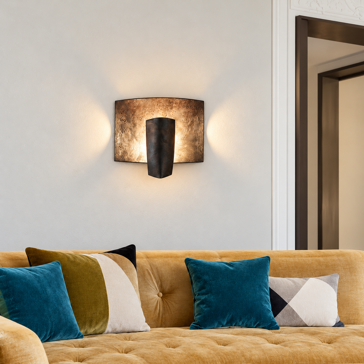 Kyrin wall sconce mounted above a gold velvet sofa with teal cushions in a bright living room.