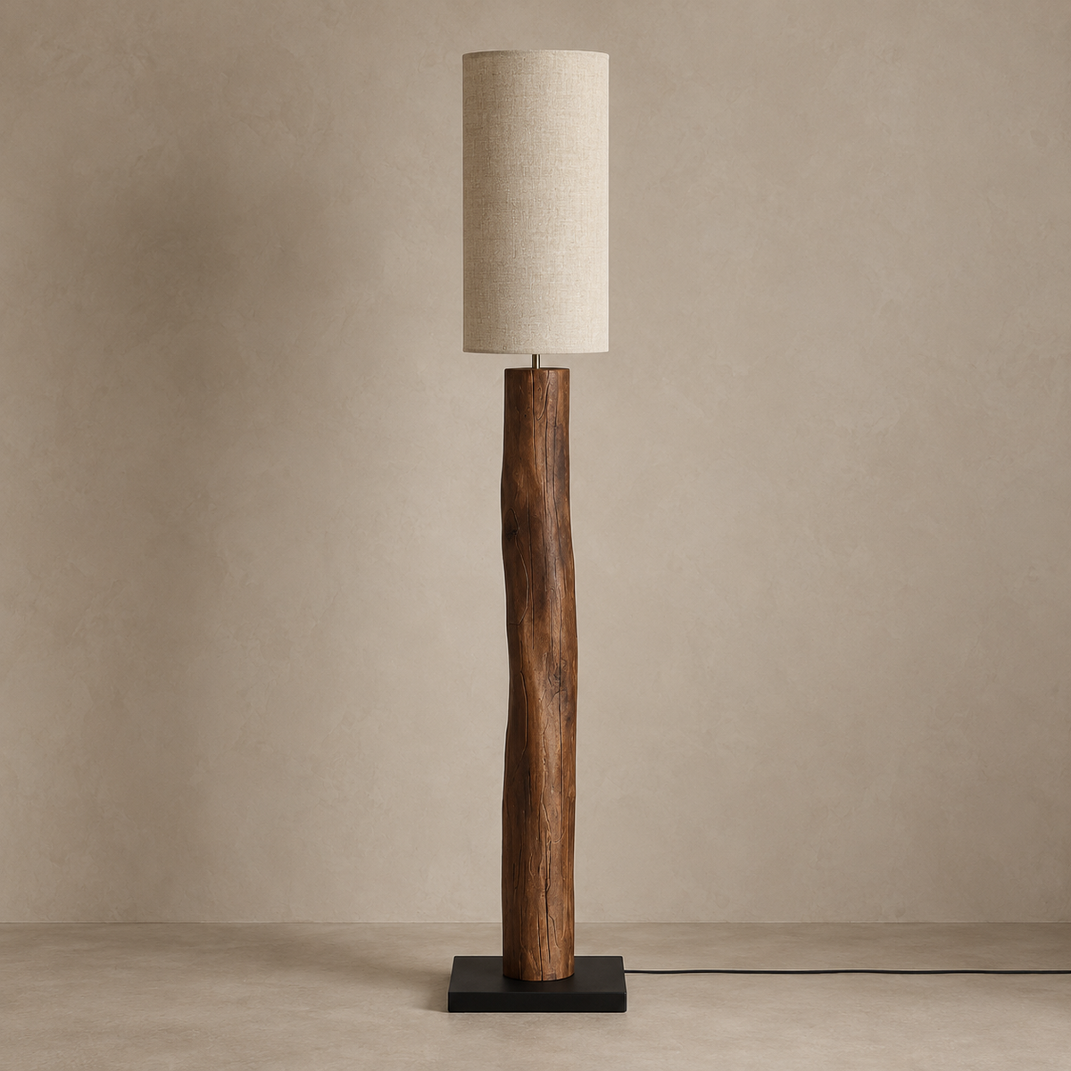 Legno Rustico 155 cm floor lamp switched off, with a narrow cylindrical fabric shade and square black base.