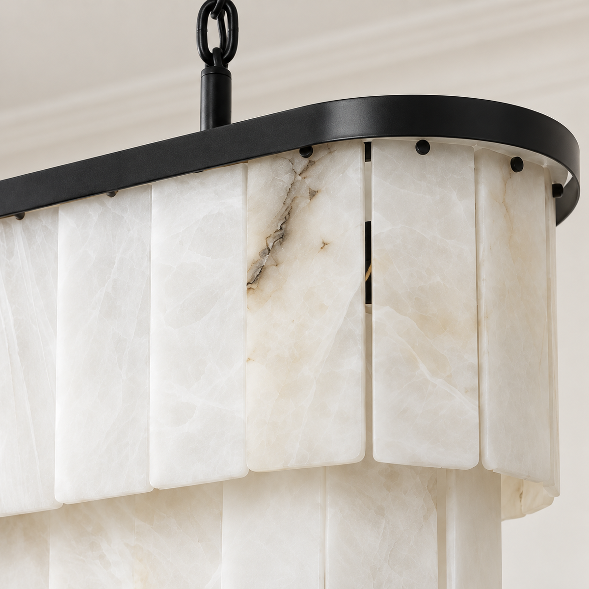 Close view of natural alabaster and metal fittings on the CLMT02580 chandelier.