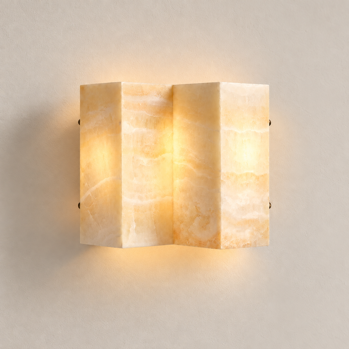 CLMZUP wide jade wall sconce illuminated on the same warm ivory background.
