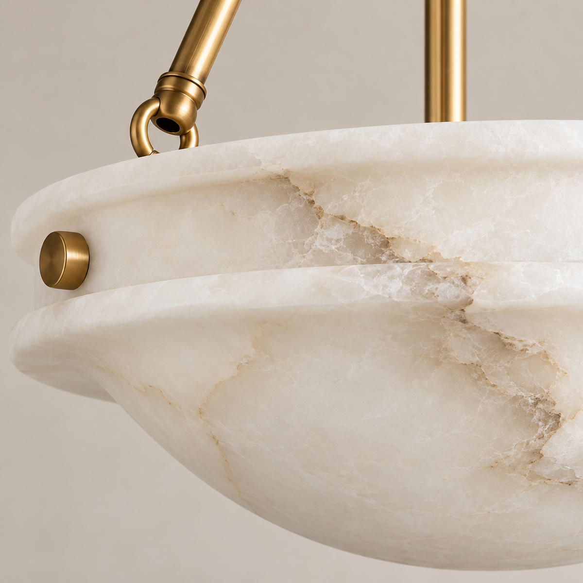 Close view of natural alabaster and brass fittings on the CLND034 chandelier.