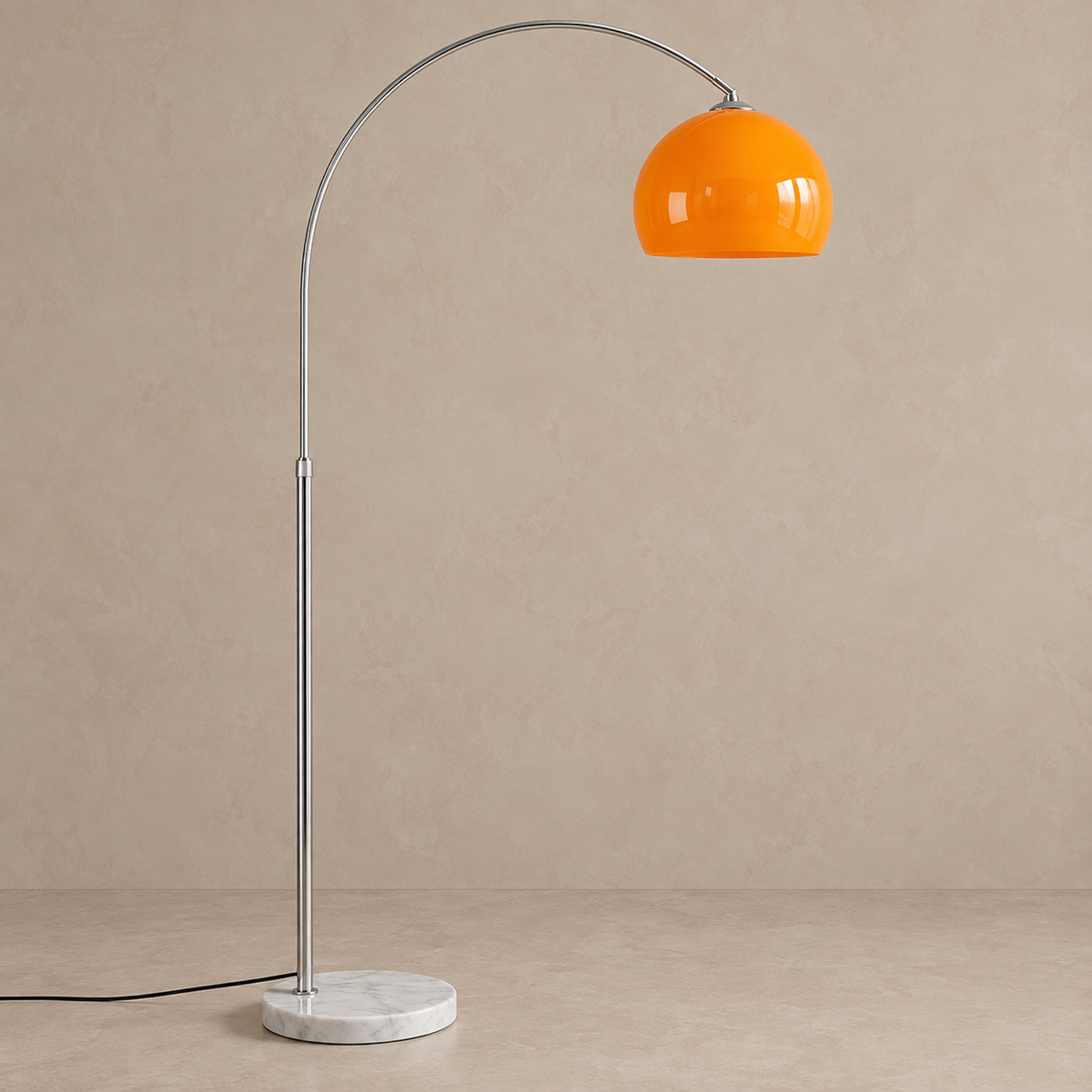 CLOPO8950 chrome arc floor lamp with an orange glass shade and white marble base, switched off